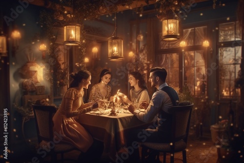 A Group of People Enjoying a Meal Together in an Elegant Restaurant, Its Atmosphere and Decor Conveying Luxury and Sophistication. Generative AI.