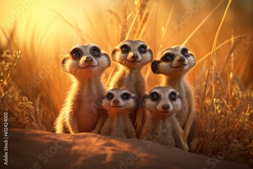 A playful family of meerkats peering out from their burrow. Generative AI.