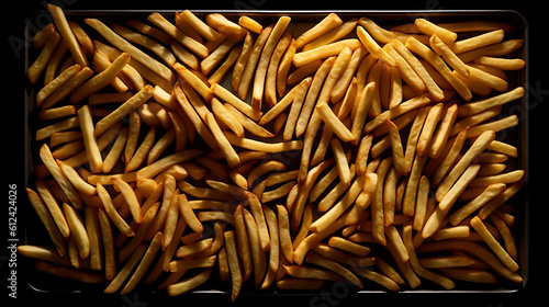 Frozen French fries in a bowl, organic vegetables. White wooden background. Top view. AI Generative.