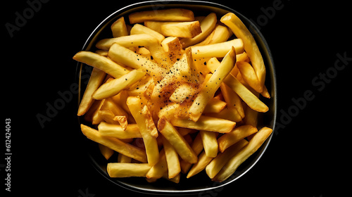 Frozen French fries in a bowl, organic vegetables. White wooden background. Top view. AI Generative.