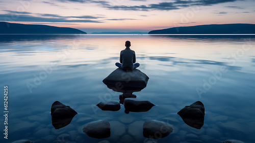 Meditation alone on a rock by the river. Beautiful sky, sunset. AI Generative. photo