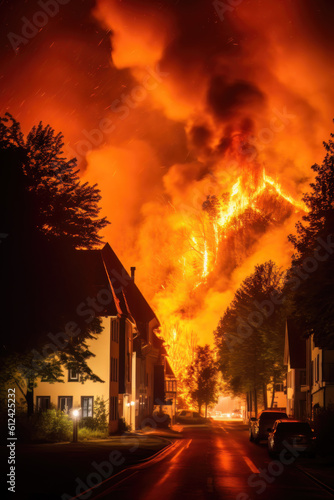 AI generated Burning houses and forest at night with a lot of smoke
