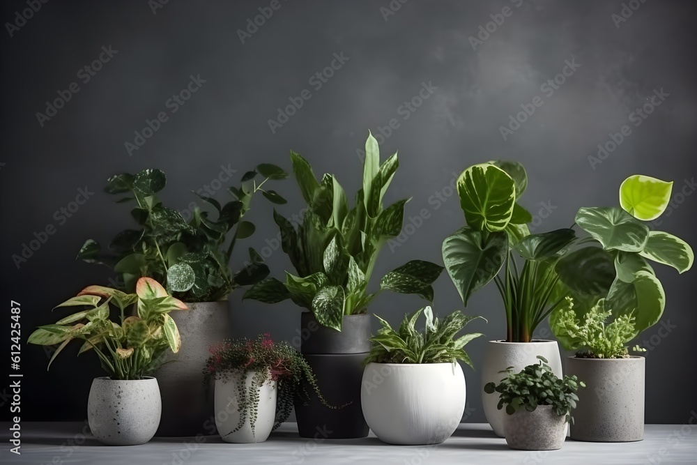 Various indoor plants displayed on a white table in pots.