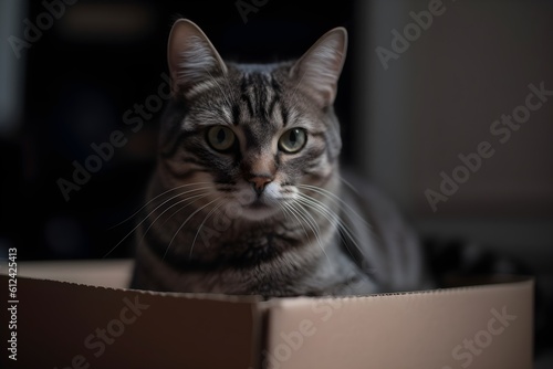 A furry grey feline is comfortably sitting in a brown cardboard box placed on the wooden floor.