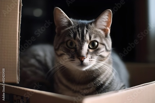 A grey tabby cat sits inside a cardboard box on the floor.