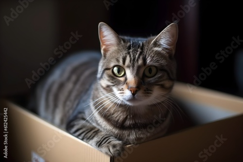 A curious grey tabby cat sits inside a cardboard box on the floor.