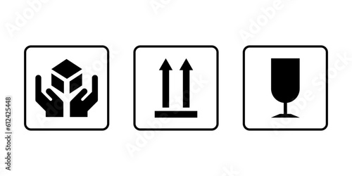 a set of warning icons on the product packaging handle it carefully, fragile, do not turn it over. vector illustration.