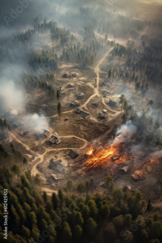 AI generated Aerial view of burning forest and meadow at sunset. Natural disaster