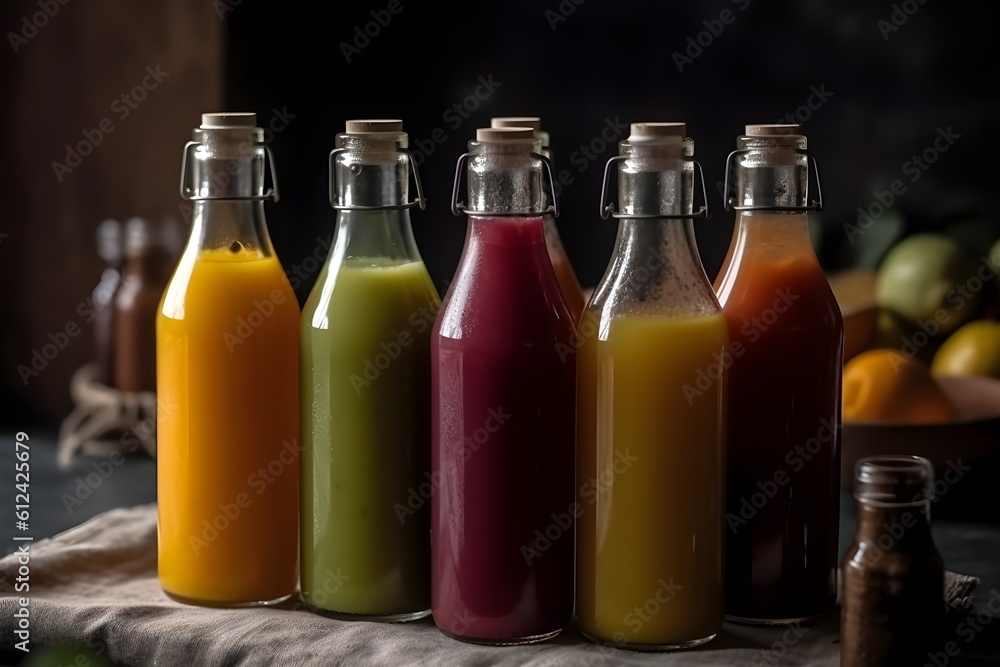 Glass bottles of freshly squeezed juice with no waste. Glass bottles of freshly squeezed juice with no waste.