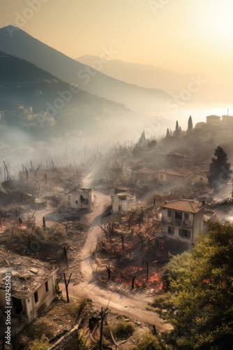 AI generated Aerial view of burning forest and meadow at sunset. Natural disaster