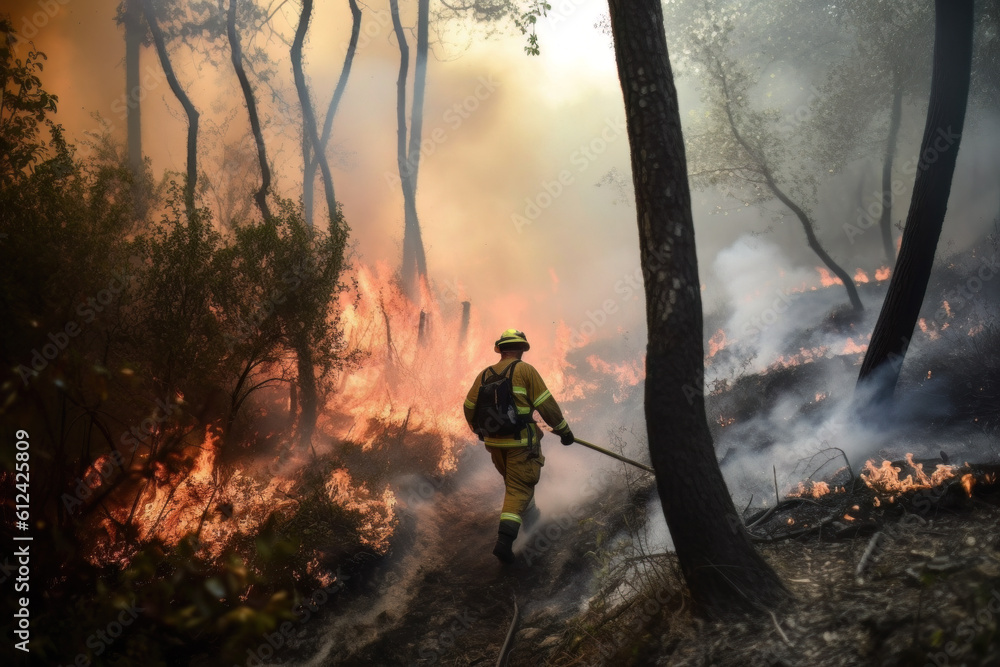 Obraz premium AI generated Firefighters fighting a fire in a forest