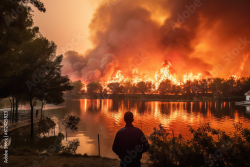 AI generated Burning houses and forest at night with a lot of smoke