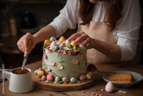 A woman smiles while cutting an Easter cake.