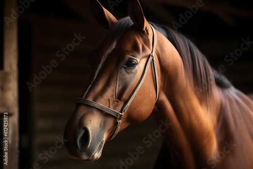 A close-up photograph of a majestic thoroughbred horse's head inside a stable. photo