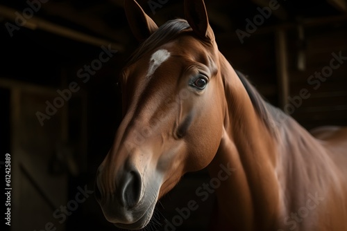 A close-up photograph of a majestic thoroughbred horse in its stable.