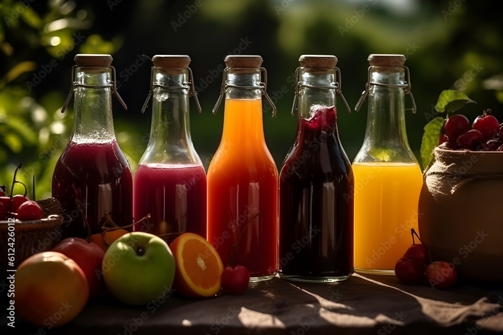 An assortment of fresh fruits and juices stored in glass bottles. An assortment of fresh fruits and juices stored in glass bottles.