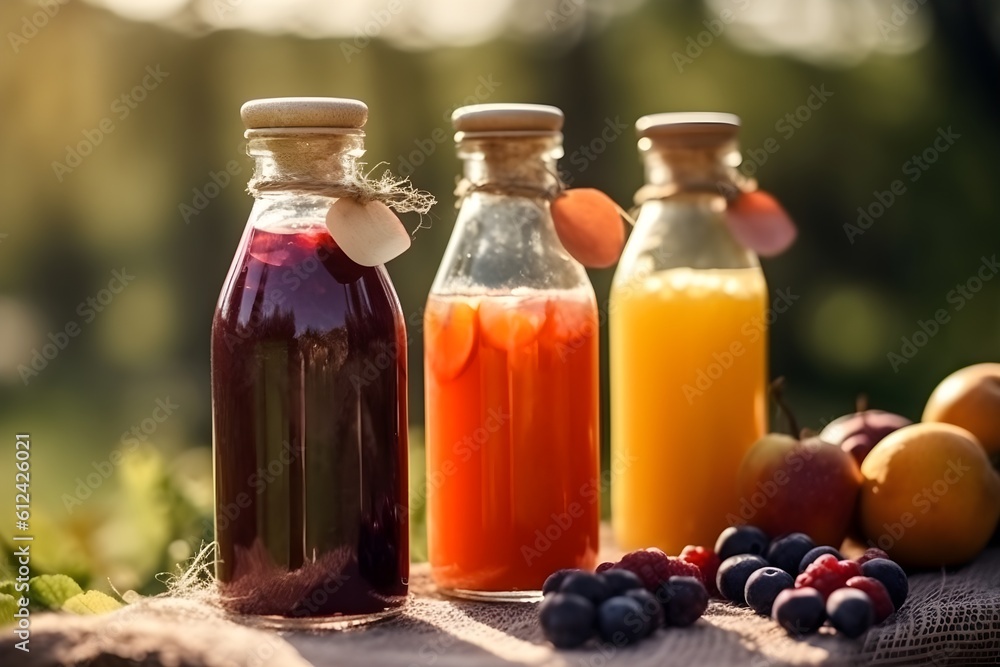 Colorful array of fresh fruits and bottled juices promoting healthy eating. Colorful array of fresh fruits and bottled juices promoting healthy eating.