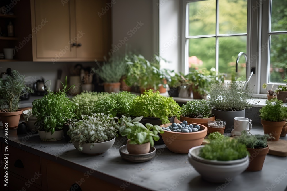 A variety of potted plants arranged on a counter in a home garden. A variety of potted plants arranged on a counter in a home garden.