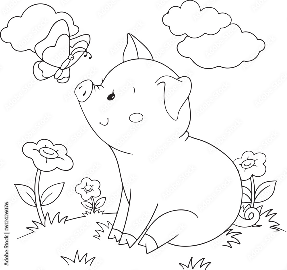cute little pig with a flower coloring page for coloring book Stock ...