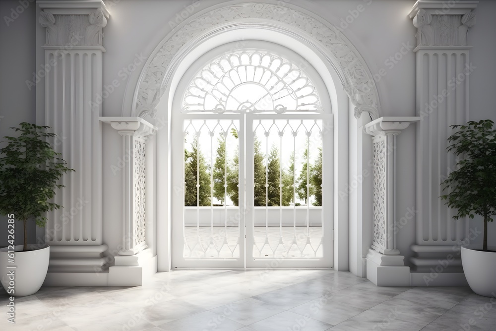 A sleek white arch gate leading to a terrace with a Scandinavian luxury design.