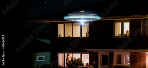 UFO, an alien plate hovering over the field, hovering motionless in the air, Unidentified flying object, alien invasion, extraterrestrial life, space travel, spaceship, Alien, Ai Generated Art