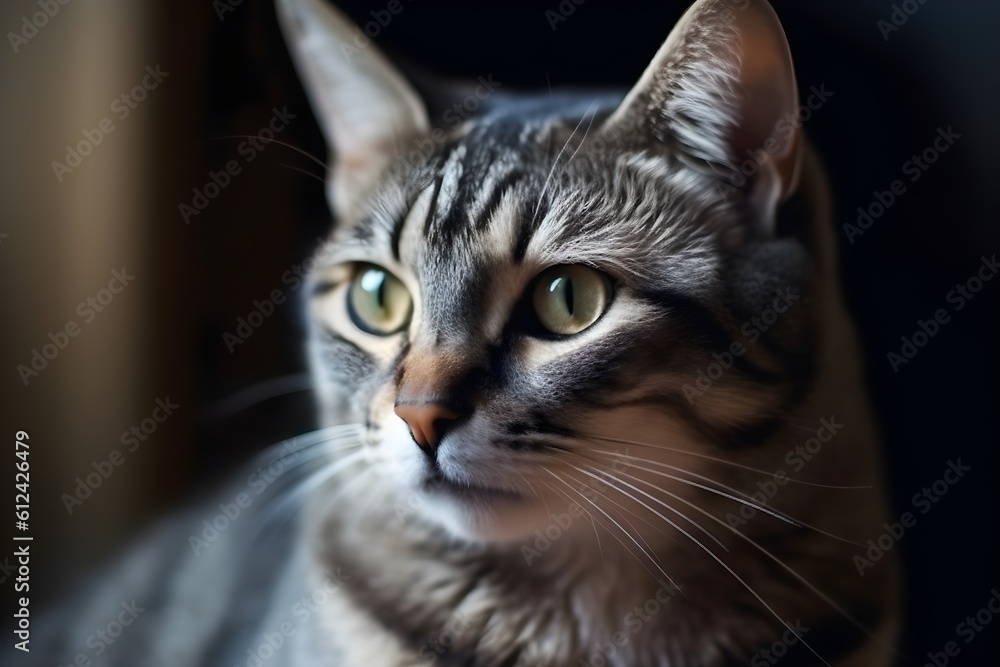 A close-up portrait of a lovely gray striped cat.