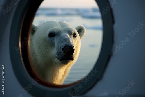 A curious polar bear staring through the window of a boat in Nunavut, Canada. photo