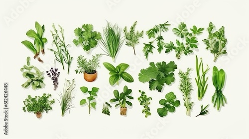 Collection of herbs, flat illustration, Kitchen herbs and Mediterranean herbs, top view, flat lay, ai generated