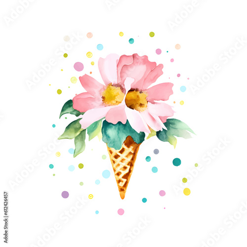 Watercolor painting ice cream waffle cone with pink flowers and colourful dots isolated on white