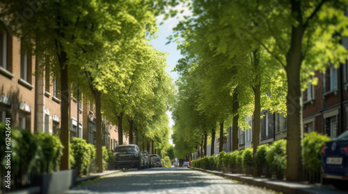 AI generated view of a modern city street with lots of trees and greenery © DyrElena