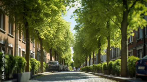 AI generated view of a modern city street with lots of trees and greenery