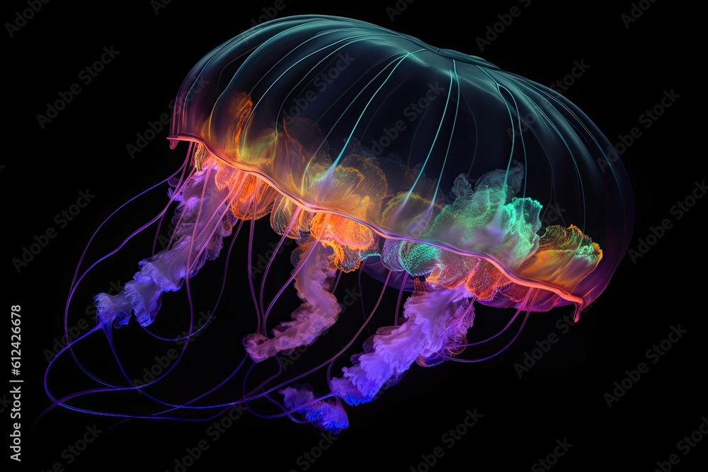 Illustration of a neon jellyfish on a black background. Generative AI