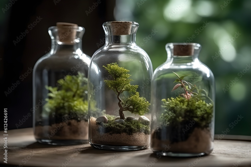 A cluster of small potted plants arranged inside a glass bottle.