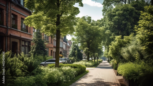 AI generated view of a modern city street with lots of trees and greenery © DyrElena