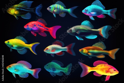 Set of different neon fish on a black background. Generative AI