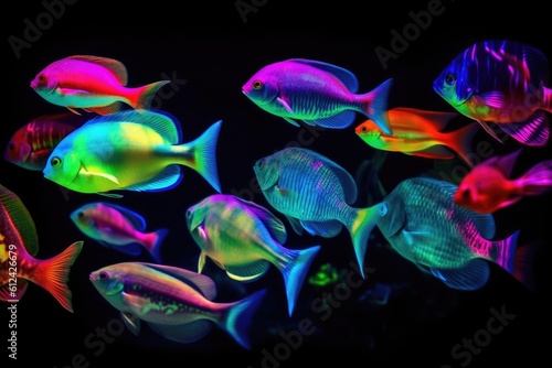Tropical colorful fish in neon color on a black background. Generative AI