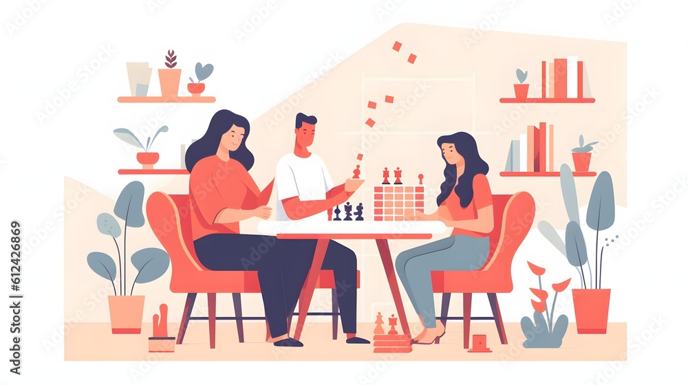 Flat illustration of people playing board games.