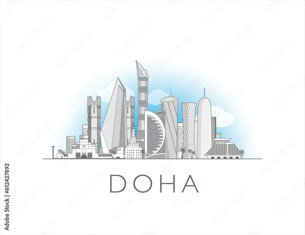 Doha, Qatar, cityscape line art style vector illustration