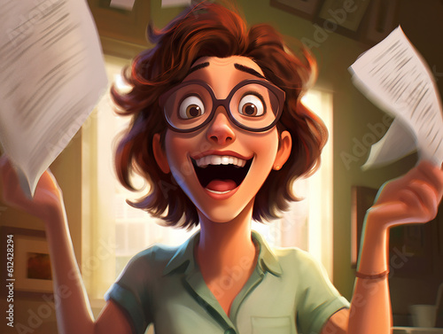 personaggio femminile con in mano documenti o bollette, espressione felice e sorridente, creato con ai