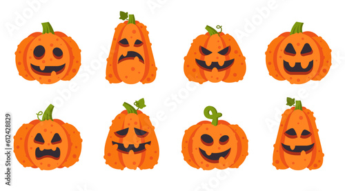 Cartoon halloween pumpkins. Carving scary pumpkins, spooky jack-o-lantern with grimace faces. October holiday decorations flat vector illustration set