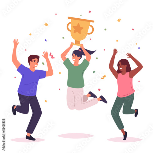 Jumping winning team. Happy rewarded people, successful teamwork people with goblet, winning concept flat vector illustration