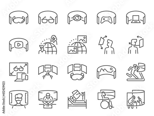 VR glasses icon set. It included ar, virtual reality, gadgets, technology, and more icons. Editable Vector Stroke.
