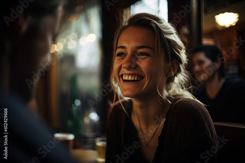 Young woman laughing at restaurant in summer. generative Ai