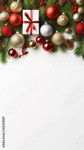 Merry Christmas 9:16 optimized banner. To evoke the spirit of Christmas, the fir tree branches were adorned with red and green ornaments. Generative AI