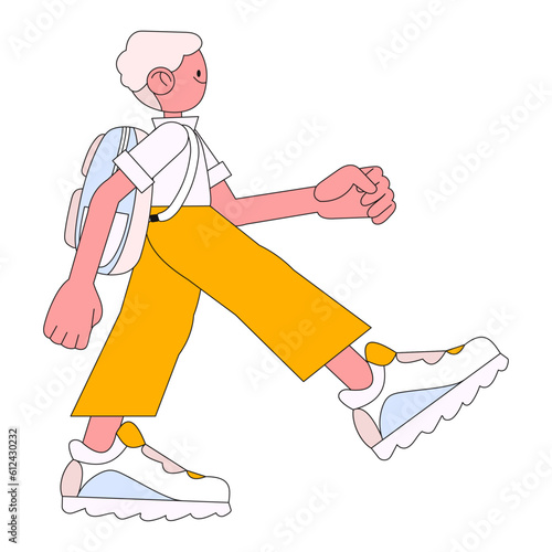 Boy going to elementary or middle school vector illustration. Happy pupil or preschooler holding books isolated on white. Child with backpack or bag and study supplies. Back to school concept.