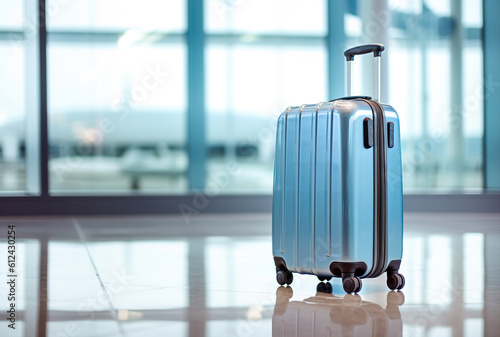 A piece of luggage sitting on the floor in front of a window. Generative AI.