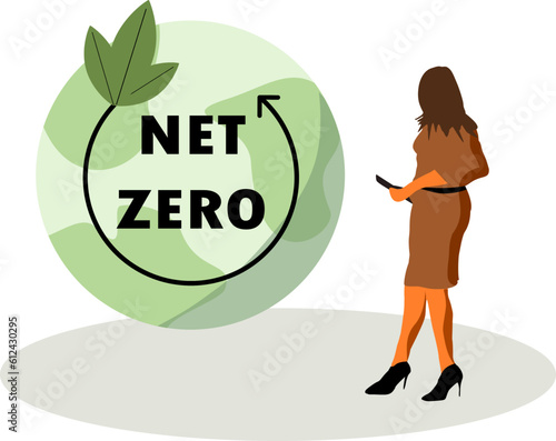 Vektor Illustration - Net Zero Klimaneutralität - Junge Frau überprüft Daten