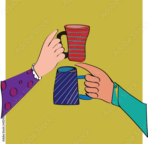 Hands with coffee or tea, isolated cheers to toasting, celebration and leisure. Aromatic beverage with caffeine, hot liquid in mugs. Cappuccino or espresso, doppio or mocha. Flat cartoon vector