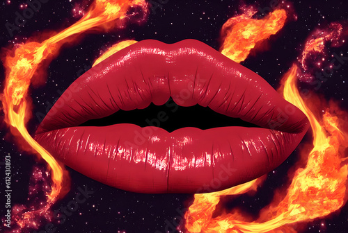 Sexy female red lips in space with fire and flames. Generative AI.
