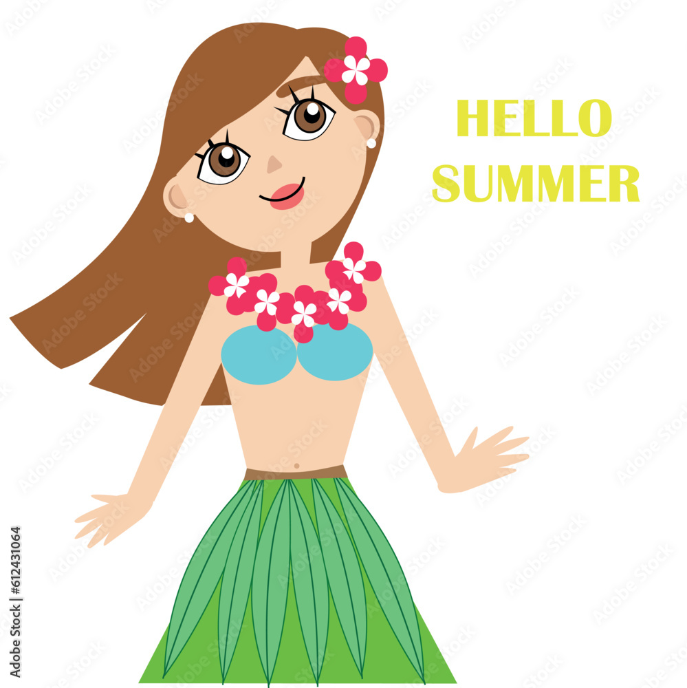 Hand drawn beautiful cute hula girl with hibiscus necklace. Vector illustration.